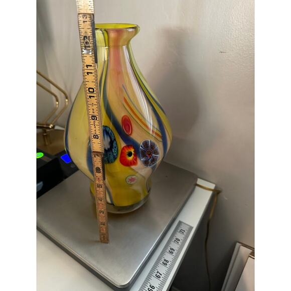 Vintage Murano Hand Blown Yellow Glass Vase Large Millefiori Art Glass - Picture 6 of 13